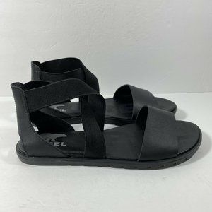 Sorel Ella Leather Open Toe Slip On Strapped Leather Sandals Black Size 9